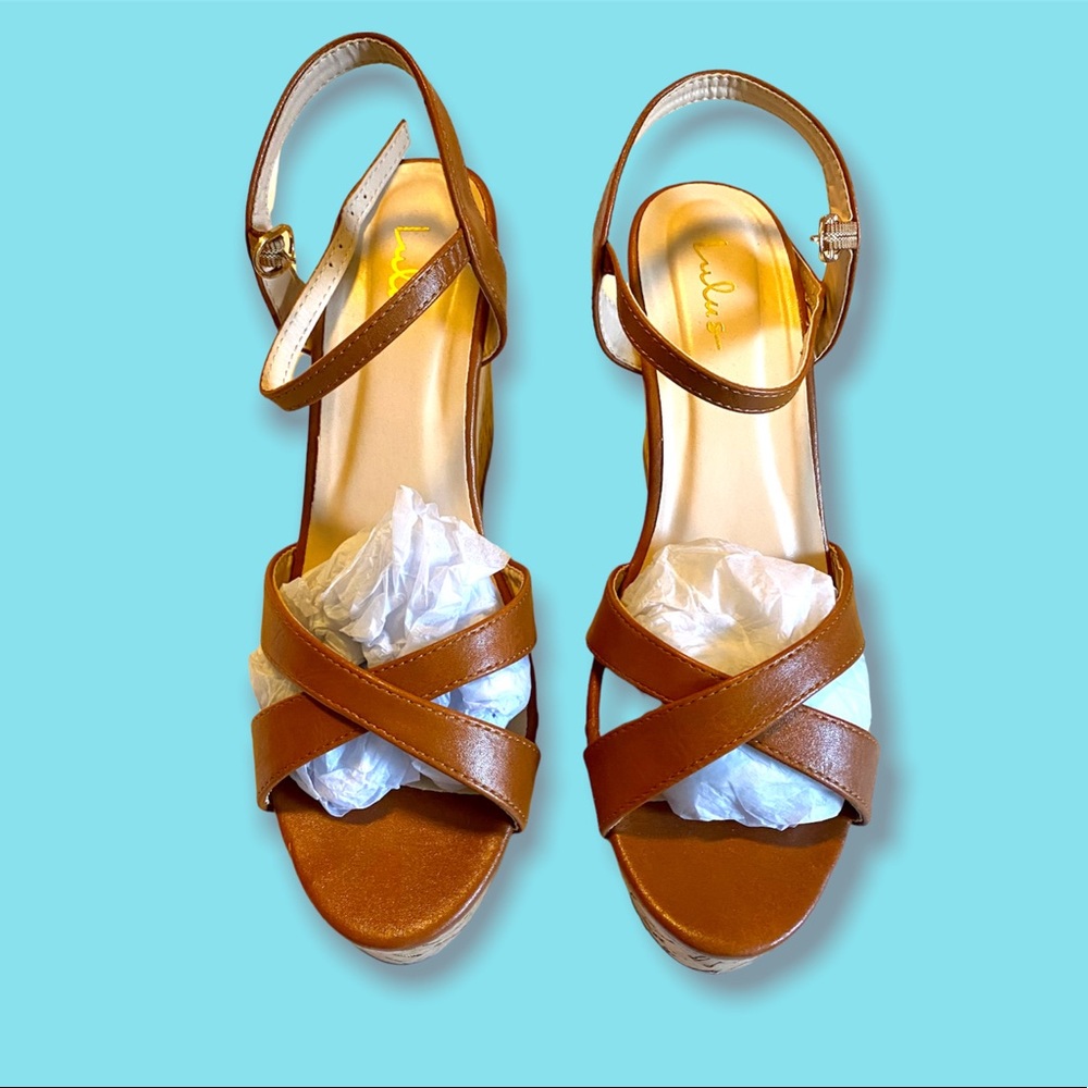 LULUS Nixie Wedge Sandals. Color: Tan Size: 9. NEW WITH BOX